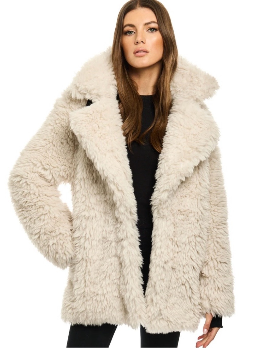 Miss London Plush Teddy Coat in Cream